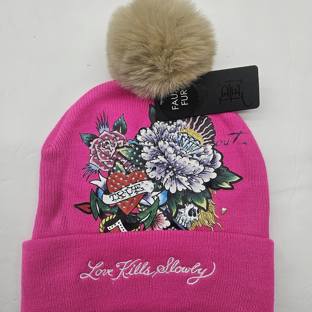 Ed Hardy Pink Beanie with Faux Fur Pom Pom
